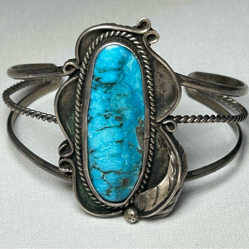 Native Sterling Silver Large Chunky Turquoise Stone Cuff Bracelet Navajo - Picture 3 of 7